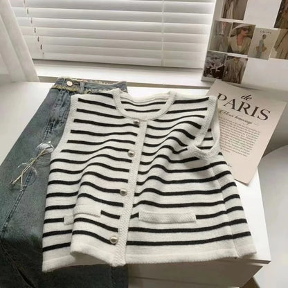 Women's Vest Sleeveless Sweaters & Cardigans Knitted Casual Simple Style Color Block Stripe